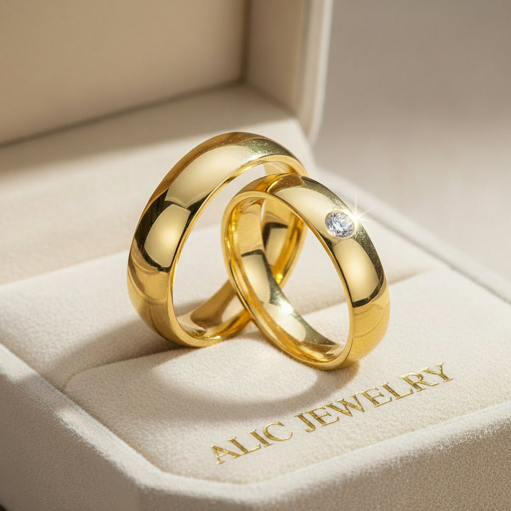 Argollas de Matrimonio Lisas con piedra central hundida, 10k. (Color de piedra personalizable)