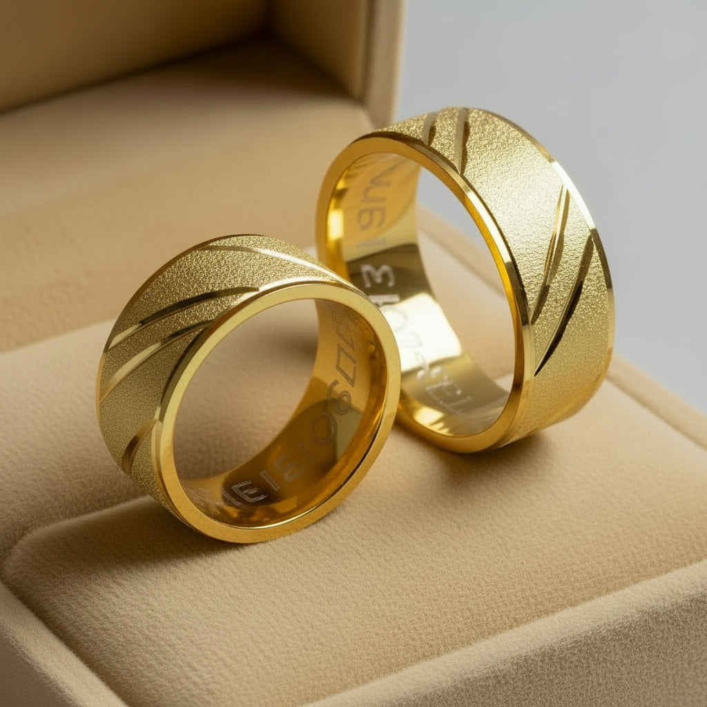 Argollas de Matrimonio acabado esmerilado/Lineas diamantadas, 10 k.